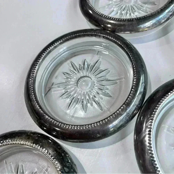 Leonard Crystal Sterling Silver Plated Ring Glass Ashtray/6 Coaster Italy Antiqe - Picture 4 of 5